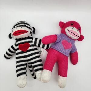 2 Dan Dee Sock Monkey Plush 9" Black White Stripes Pink Red Heart Stuffed Toys